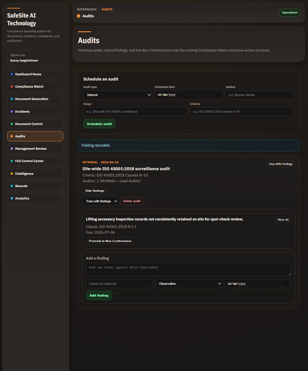SafeSite AI audit findings classified under ISO 45001:2018 with clause references