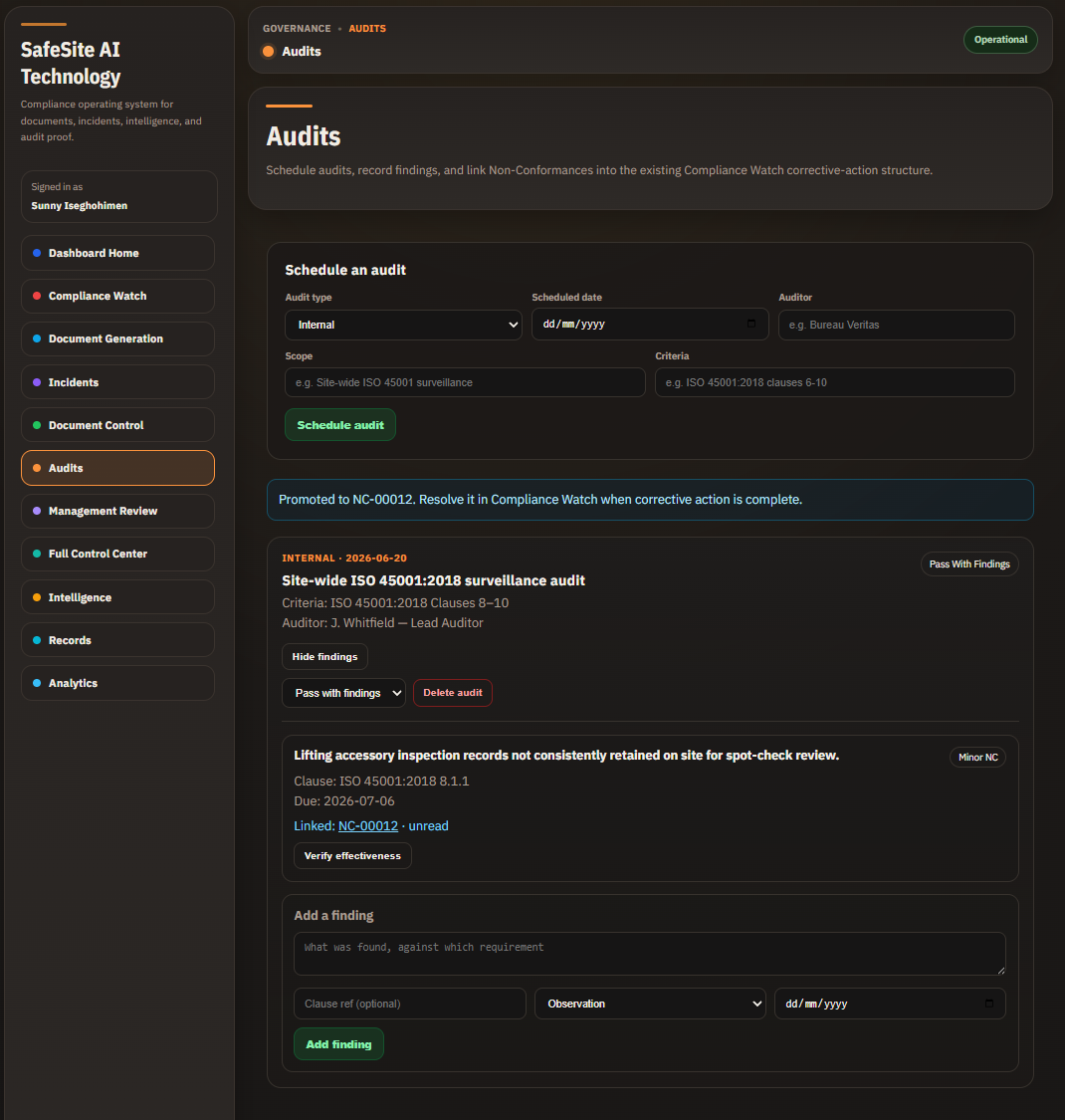 SafeSite AI audit finding promoted to a Non-Conformance record ready for corrective action
