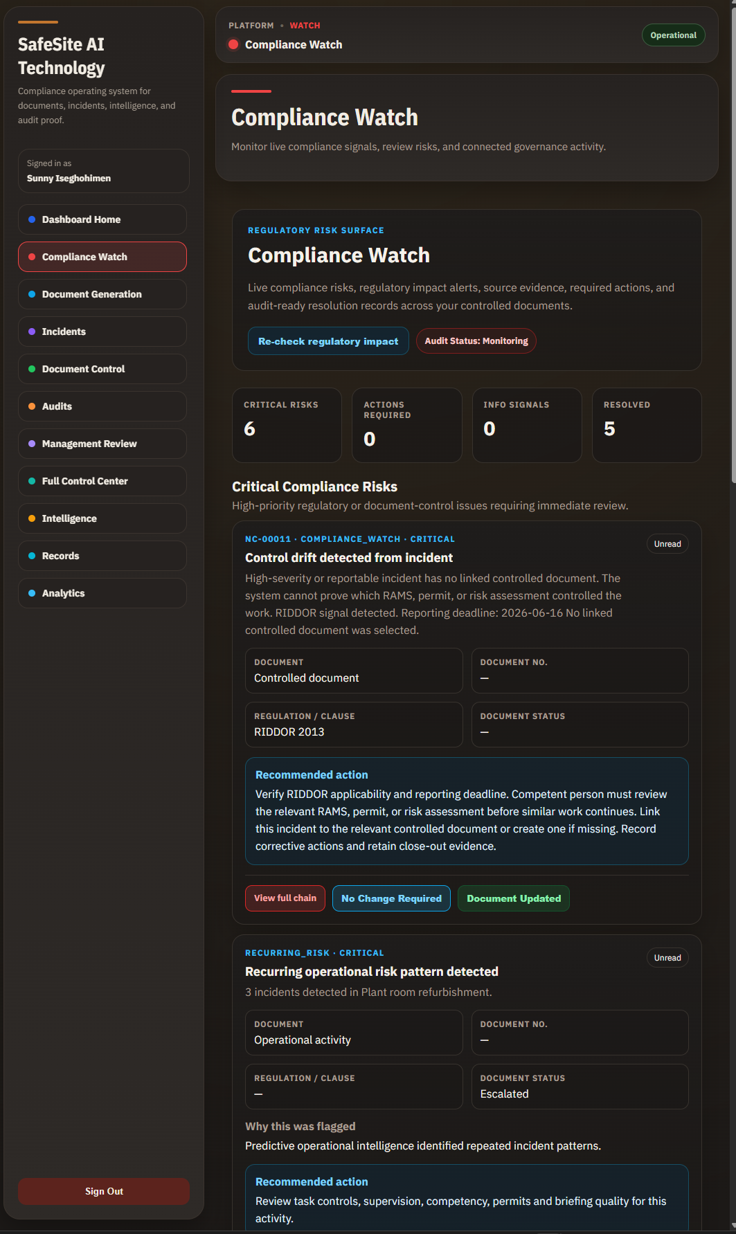 SafeSite AI Technology Compliance Watch workspace showing regulatory alerts and document review monitoring