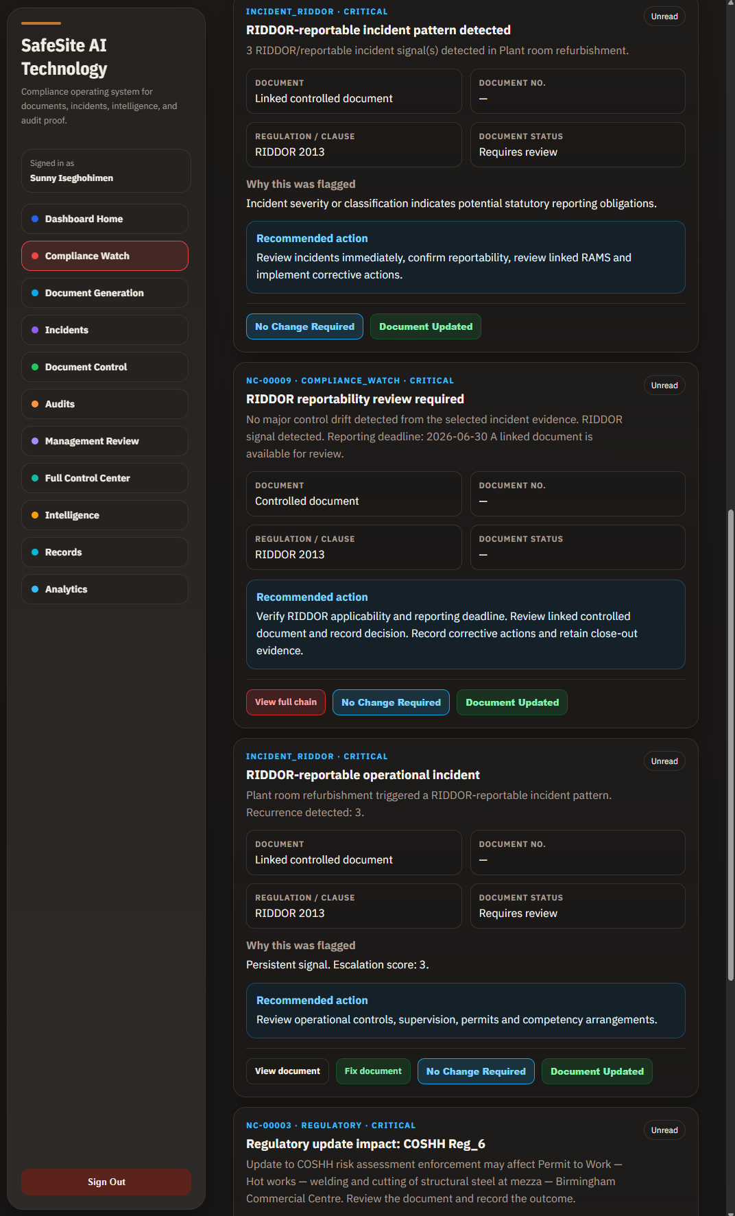 SafeSite AI Technology Compliance Watch alert resolution with competent-person notes and audit evidence