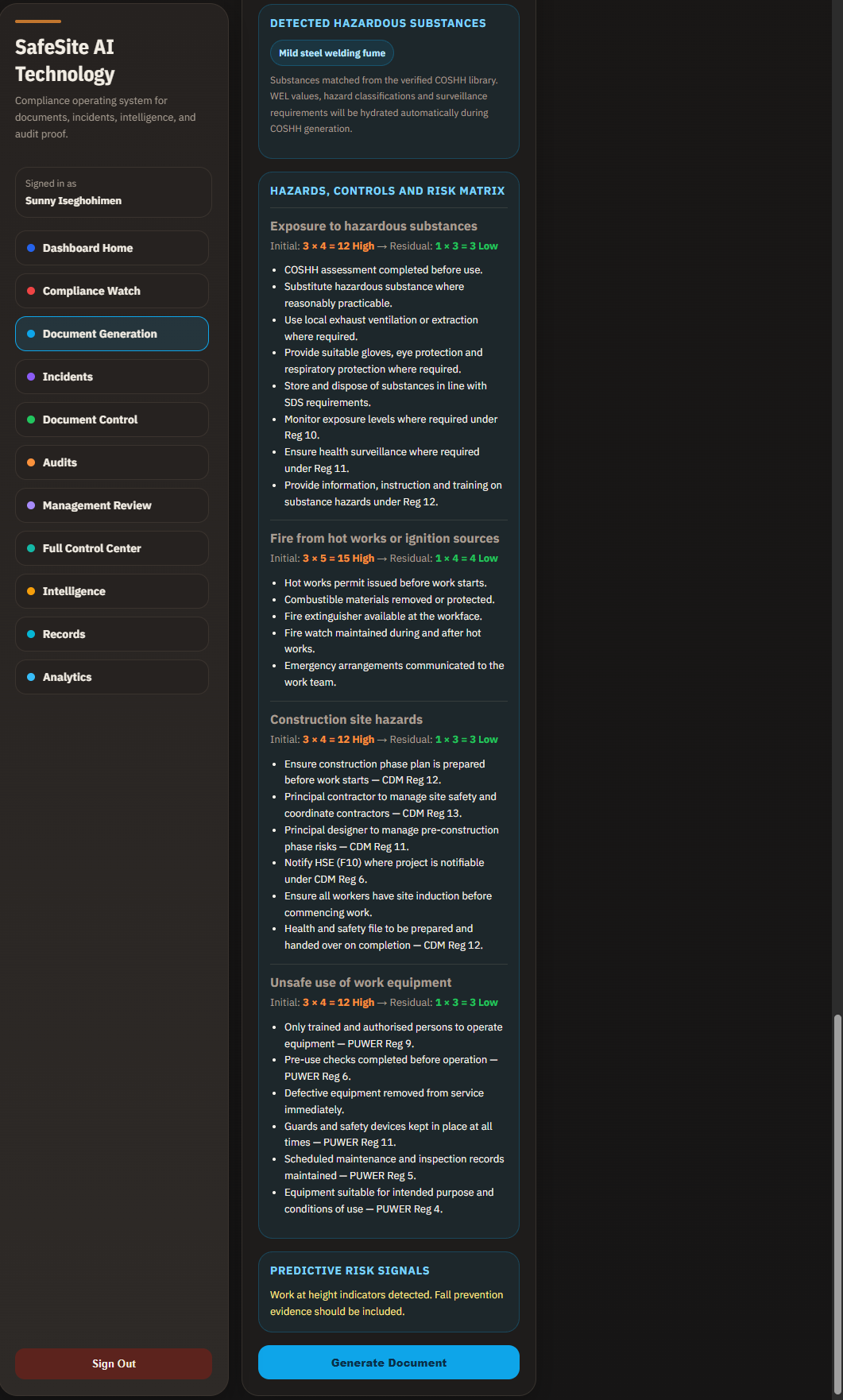 SafeSite AI hazard identification and risk matrix with hierarchy of controls