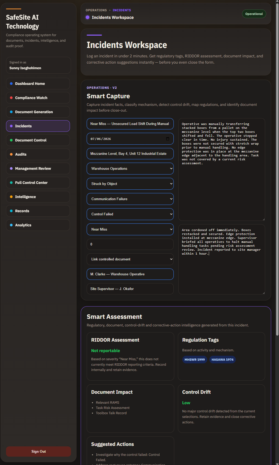SafeSite AI Technology Smart Capture incident form showing RIDDOR assessment, regulation tags, document impact and control drift